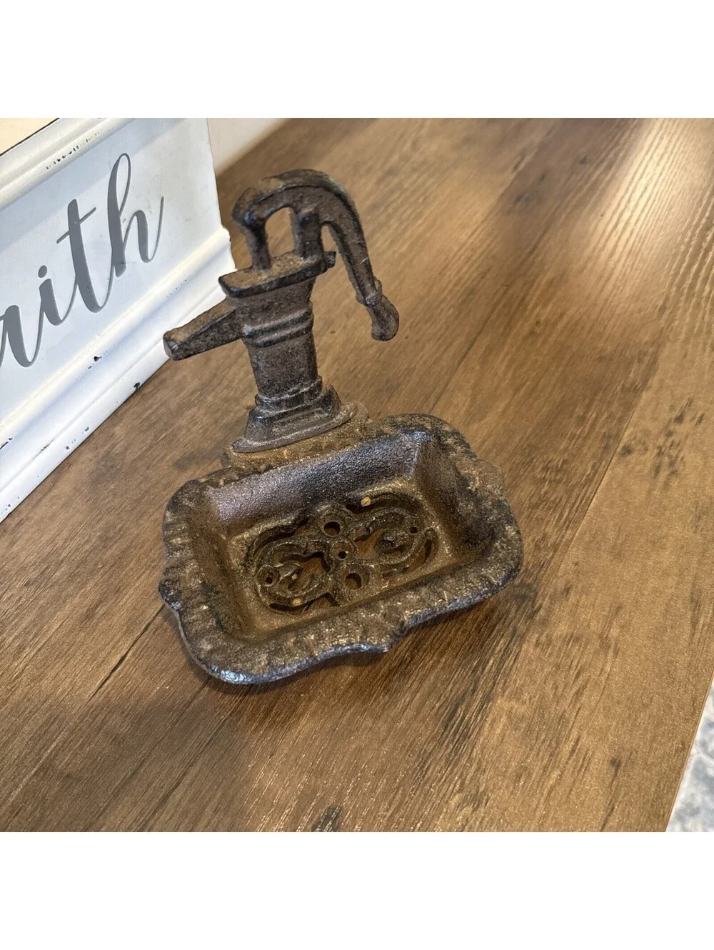 Cast Iron Water Pump Soap Dish Rustic Farmhouse Brown Footed Vintage Style